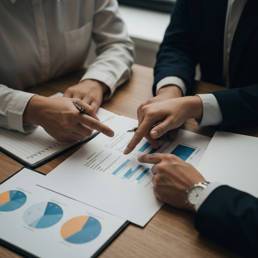 Two people sitting at a table, looking at a budget printed on paper. They are pointing and discussing different line items. The lighting is soft and warm, creating a collaborative and comfortable atmosphere.