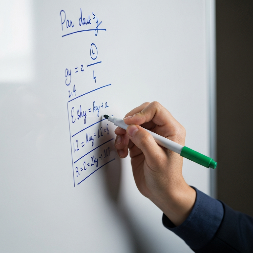 A close-up shot of a hand writing equations on a whiteboard with brightly colored markers. The lighting is soft and diffused, highlighting the texture of the whiteboard. The handwriting is neat and legible.
