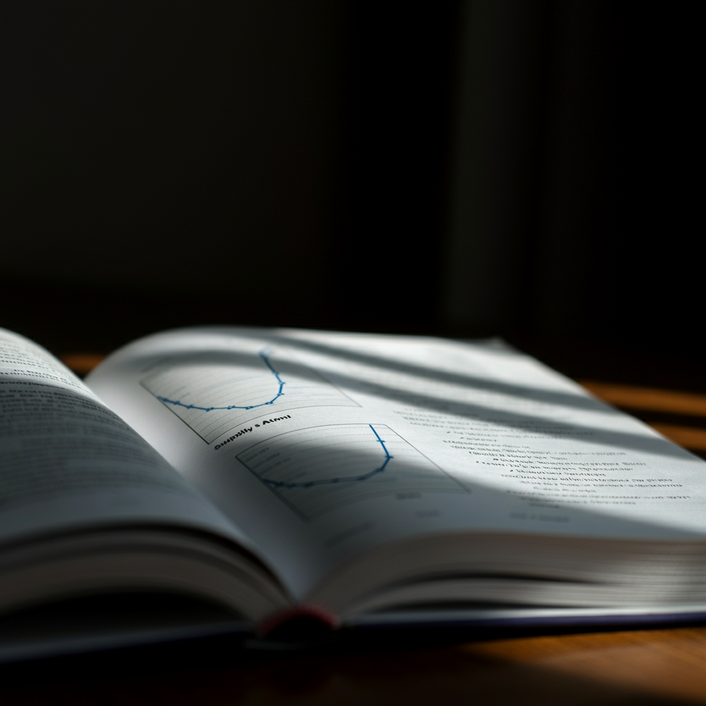 A focused shot on a textbook open to a page with graphs illustrating supply and demand curves. Natural light filters through a nearby window, creating highlights and shadows on the page.