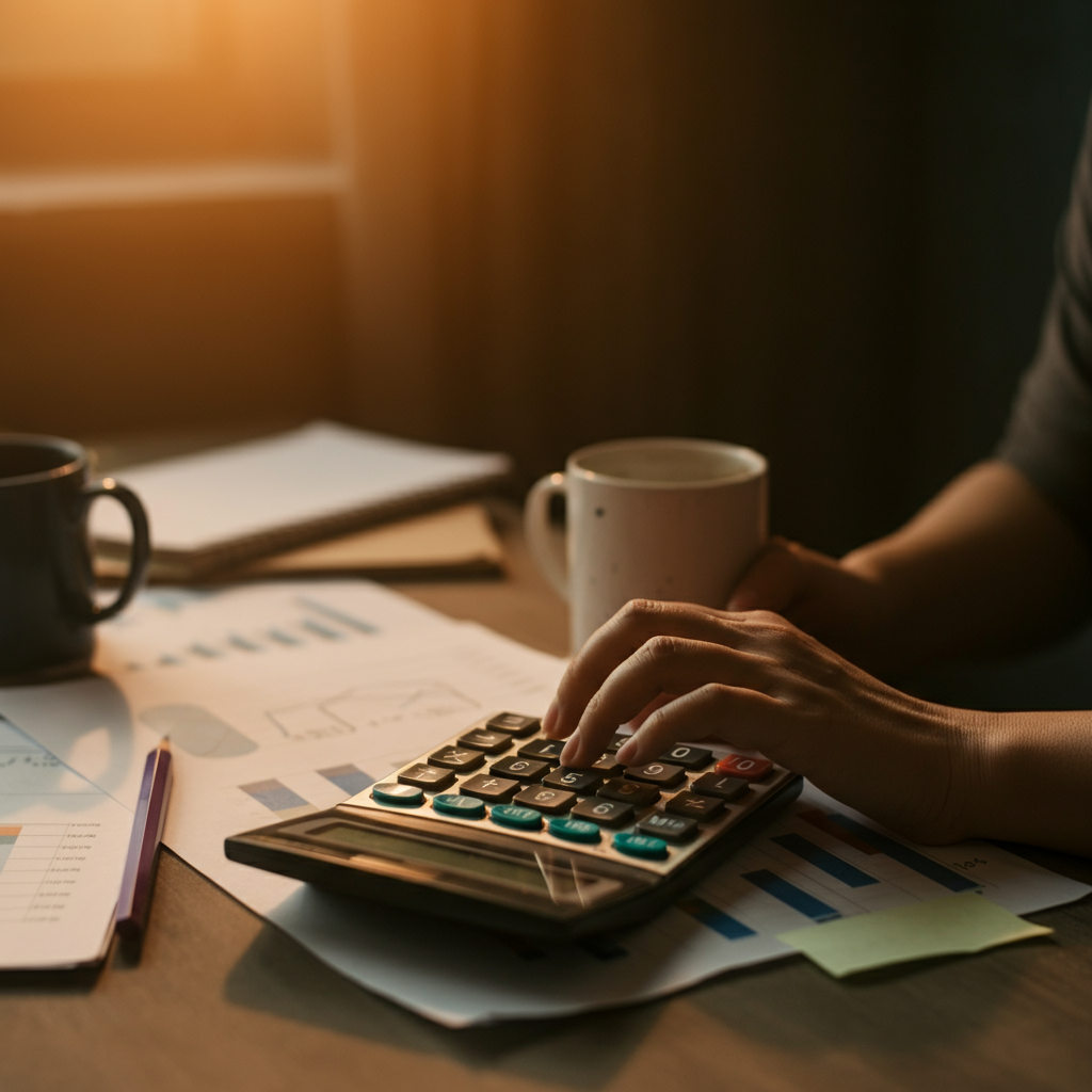 A person using a calculator to solve an equation on a desk littered with papers and coffee mugs. The lighting is warm and inviting, with a shallow depth of field focusing on the calculator display.