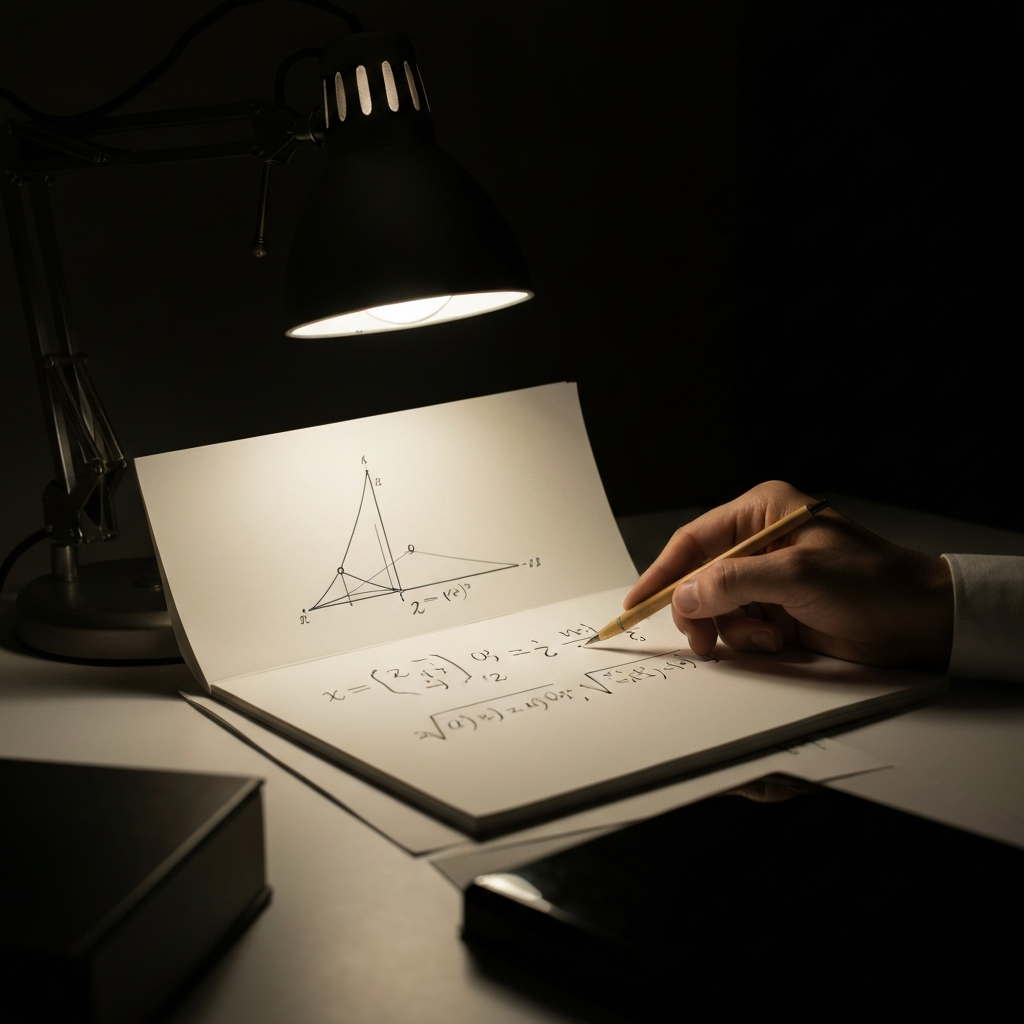 A dimly lit study, highlighting a hand pointing to a mathematical derivation on a notepad. A desk lamp casts a focused light, emphasizing the texture of the paper and the ink.
