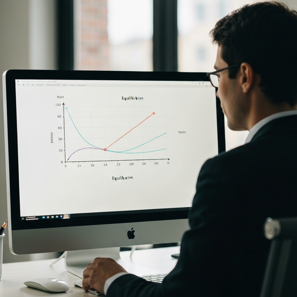 A well-organized office workspace, featuring a computer monitor displaying a graph with clearly labeled axes and an equilibrium point marked. Soft bokeh in the background creates a professional and uncluttered feel.