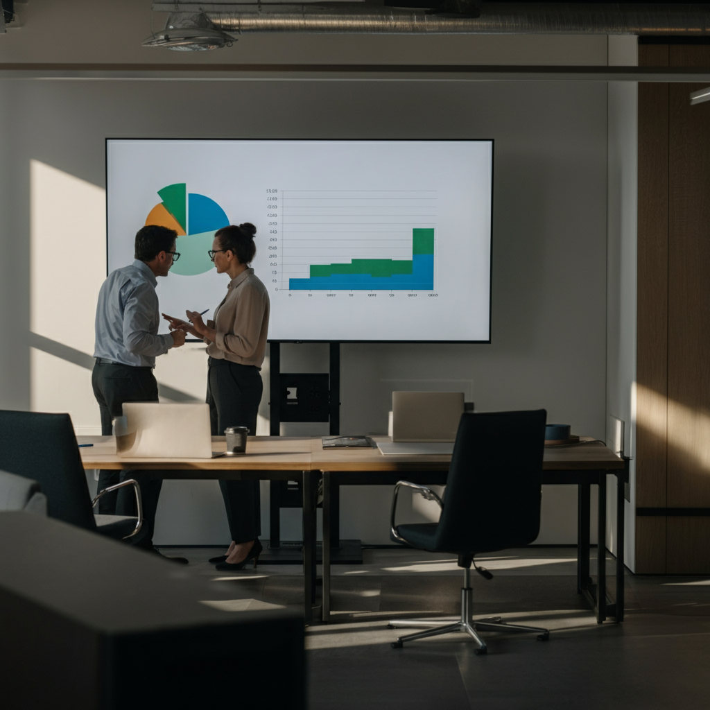 A collaborative workspace where two professionals are discussing a data report displayed on a large screen. Natural light floods the room, creating a bright and airy atmosphere.