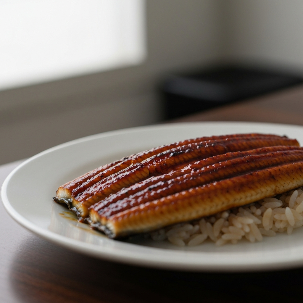 A close-up shot of a plate of grilled Unagi. The eel is glistening with a dark, sweet glaze. A shallow depth of field blurs the background, highlighting the texture of the eel and the bed of rice beneath it.