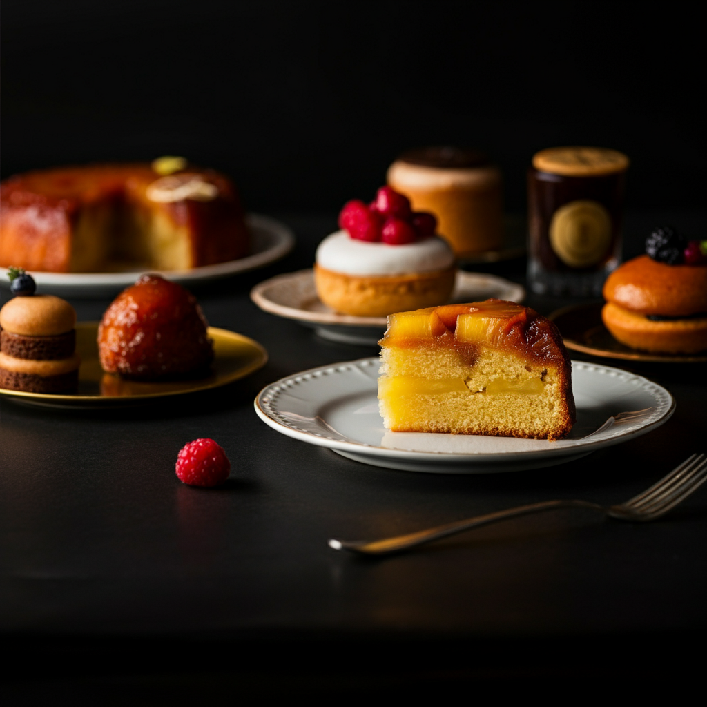 A dessert table in soft, warm lighting. A slice of pineapple upside-down cake is prominently displayed, with the caramelized pineapple glistening under the light. Other desserts are arranged in the background with a shallow depth of field.