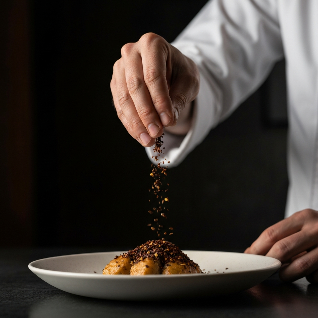 A chef's hand sprinkling Urfa Biber flakes onto a dish. The flakes are dark and rich in color. The background is slightly blurred, emphasizing the texture of the spice.
