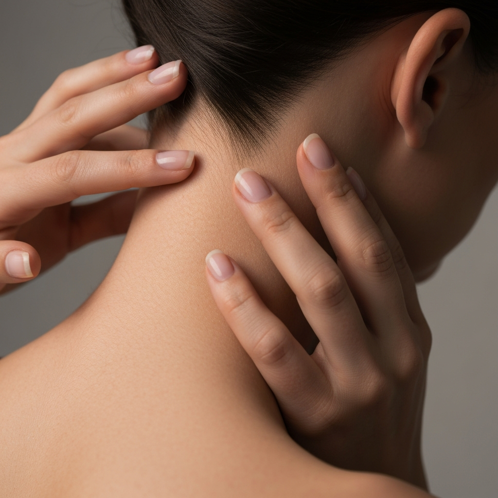 Close-up studio shot of a manicured hand gently touching the back of a person's neck, highlighting the area just below the hairline. Soft, diffused lighting emphasizes the skin texture.