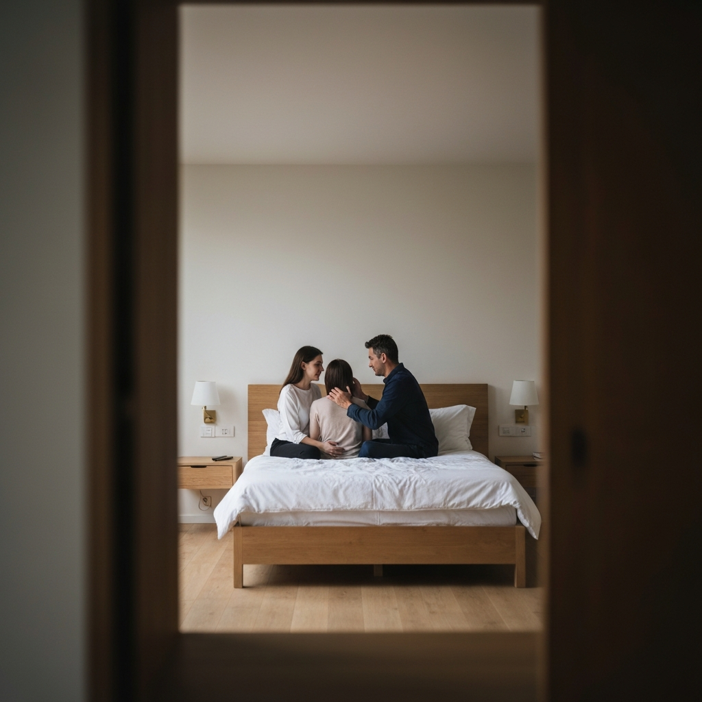 A warmly lit bedroom interior. A couple is sitting on a bed, engaged in gentle conversation. One person is softly caressing the other's nape. The scene is framed with a shallow depth of field, blurring the background and focusing on the intimate interaction.