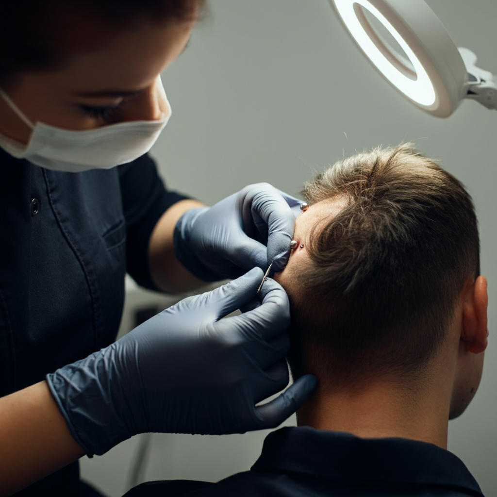 A sterile, professional piercing studio. A close-up shot focuses on the piercer's gloved hands, carefully preparing the nape area for a piercing. The lighting is bright and clinical, showcasing the precision of the procedure.