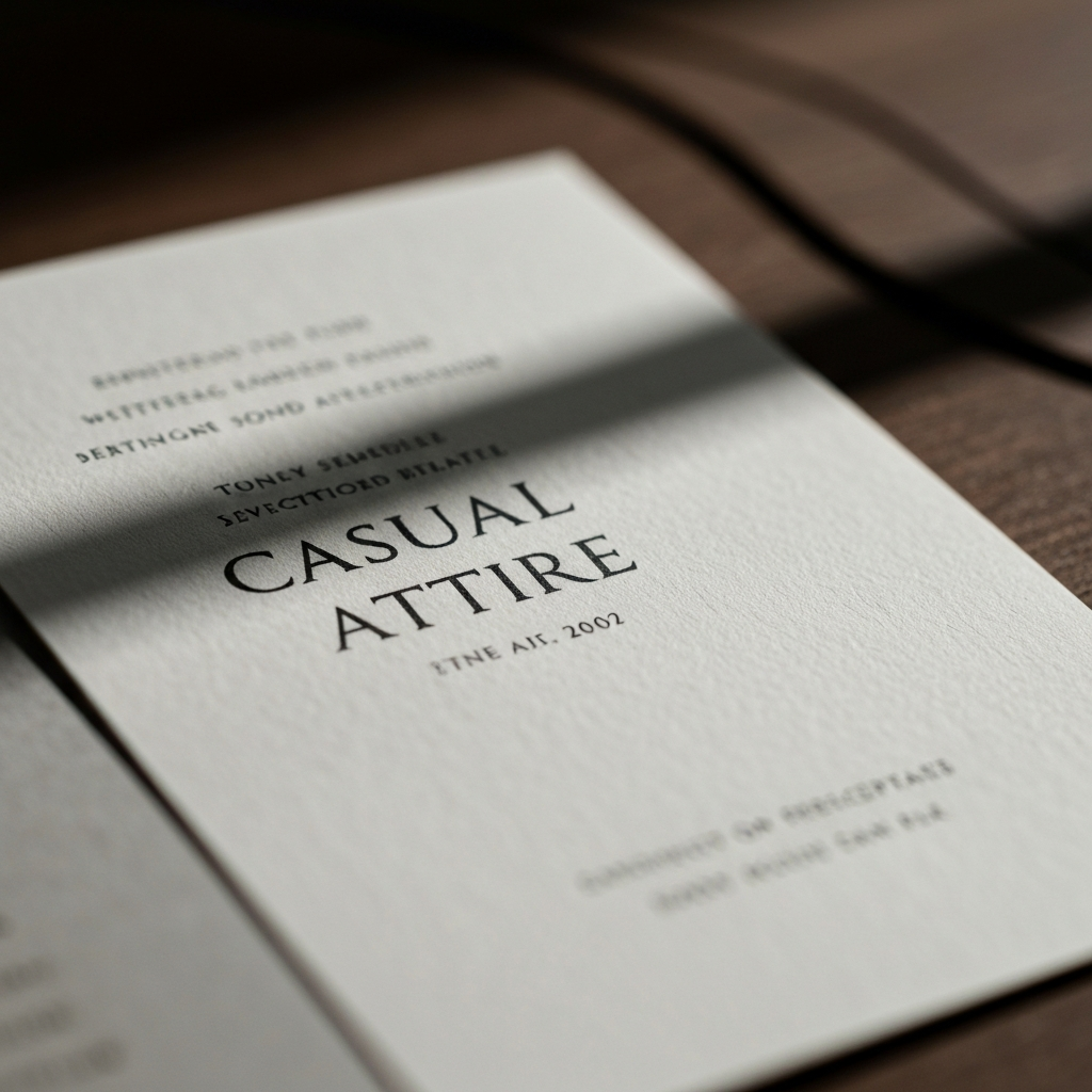 A close-up shot of a wedding invitation with the words "Casual Attire" printed clearly. Soft, natural lighting highlights the textured paper.