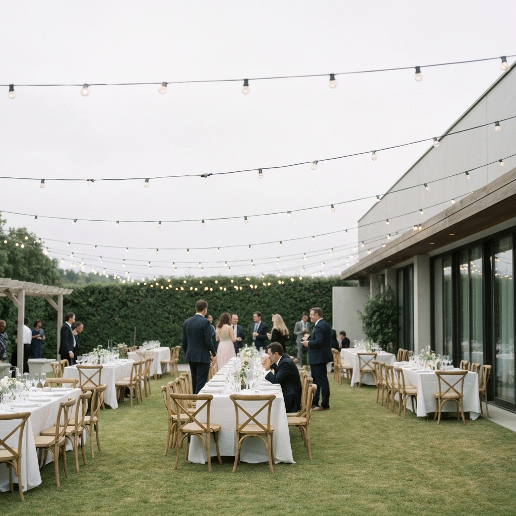 A wide shot of an outdoor wedding reception. Tables are set under string lights, and guests are mingling. The focus is on the overall relaxed and joyful atmosphere, with soft bokeh in the background.