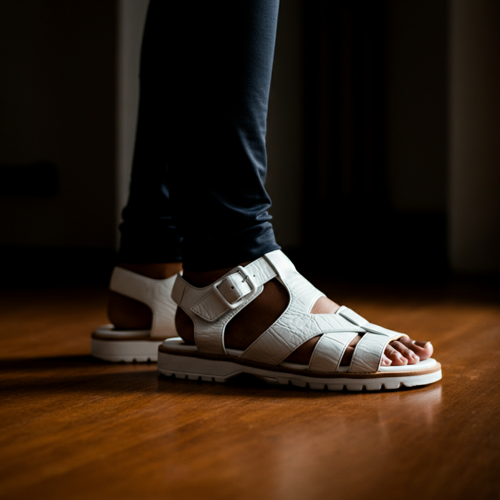 A close-up of a pair of white strappy sandals on a wooden surface, side-lit by soft, warm light to highlight their texture and delicate design.
