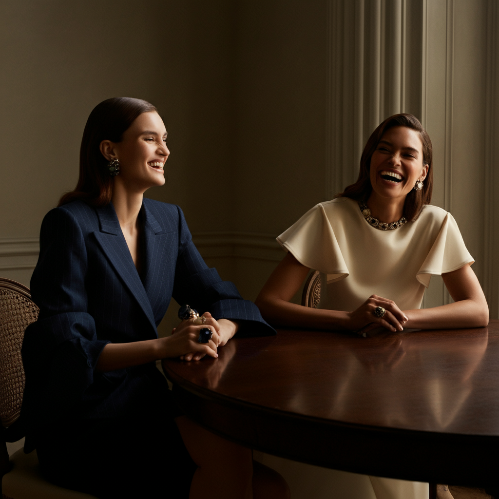 Two women, fully dressed and professionally styled, are sitting at a table, laughing and looking at each other. The scene is lit naturally from a window.