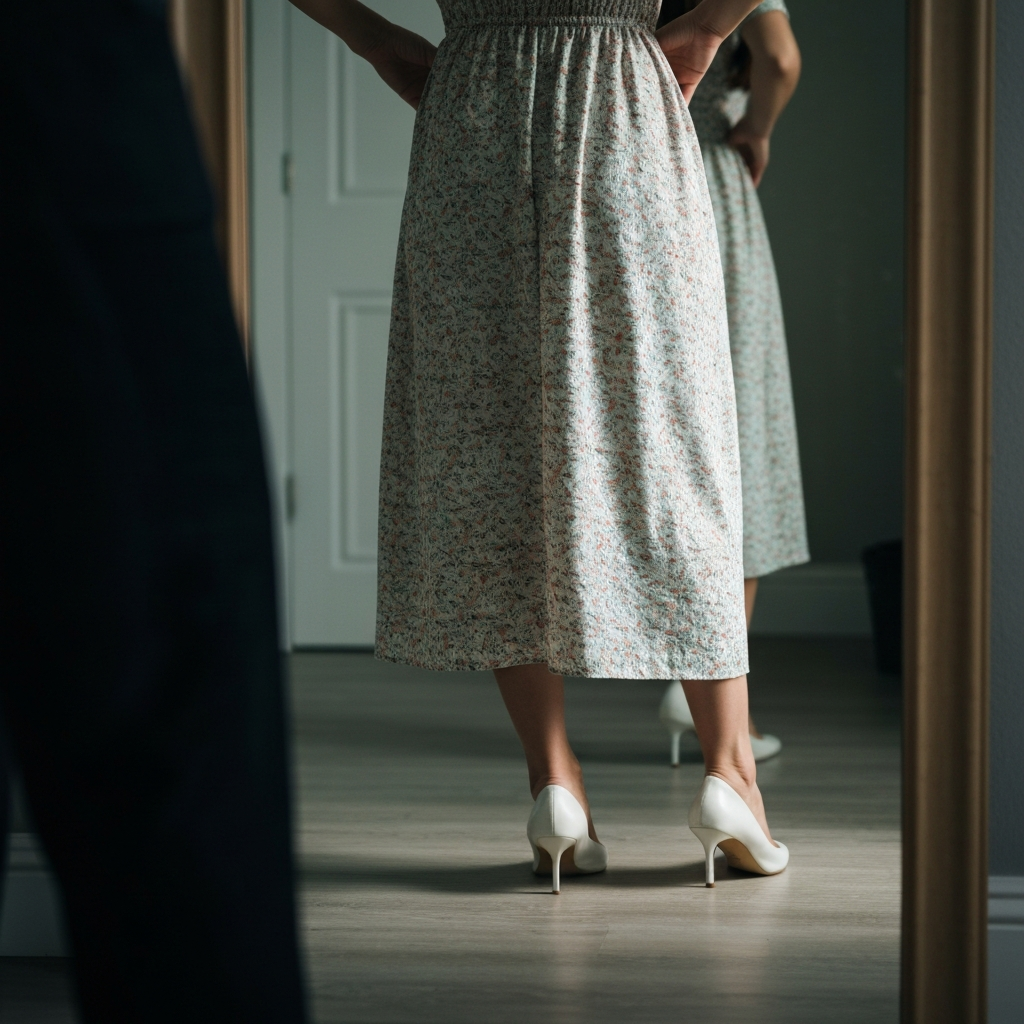 A woman standing in front of a mirror, adjusting her dress. Her feet are visible, showcasing white heels that complement the light colors in her patterned dress. The scene has a soft, diffused lighting.
