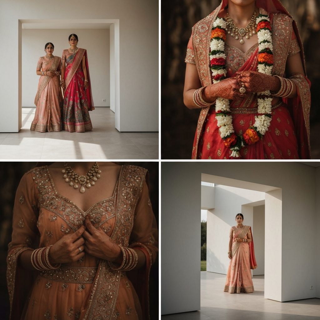 A vibrant and colorful Indian wedding ceremony, focusing on the intricate details of the attire and decorations. Soft, golden hour lighting enhances the rich colors and textures.