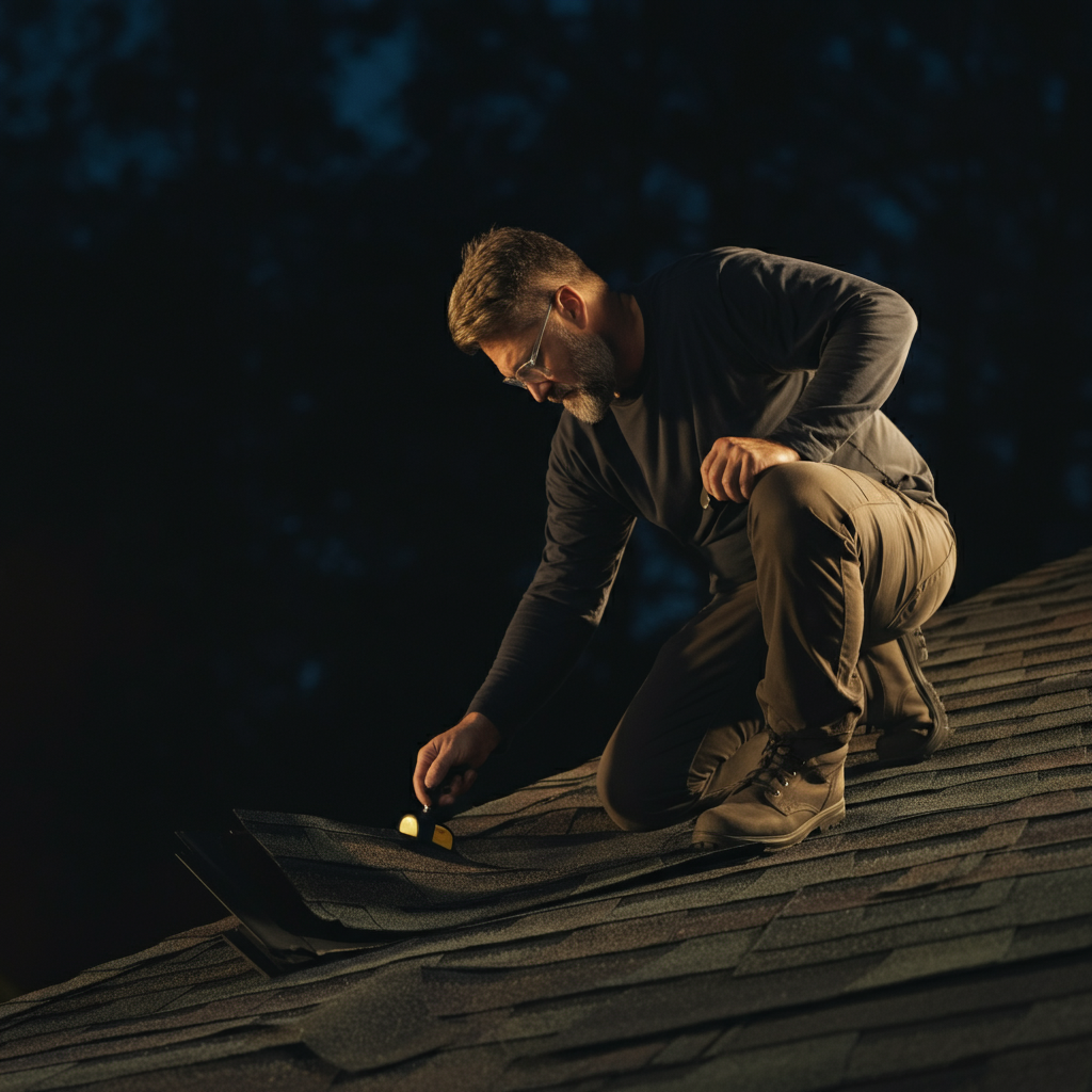 Roofer kneeling on a gently sloped roof, inspecting a shingle with a magnifying glass. Soft golden hour lighting highlights the texture of the shingle granules and the roofer's focused expression.