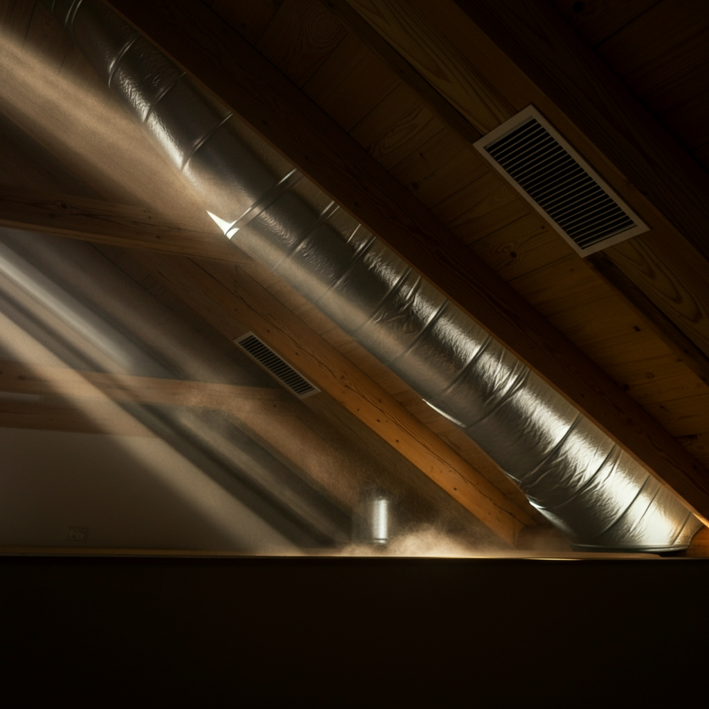 Interior shot of an attic, focusing on the roof rafters and ventilation vents. Dust motes are visible in shafts of sunlight entering through the vents. Soft bokeh on the background.