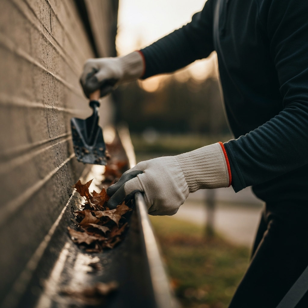 Person wearing work gloves cleaning leaves and debris from a gutter using a small trowel. Side-lit texture of the gutter and the collected leaves. Overcast daylight provides even illumination.