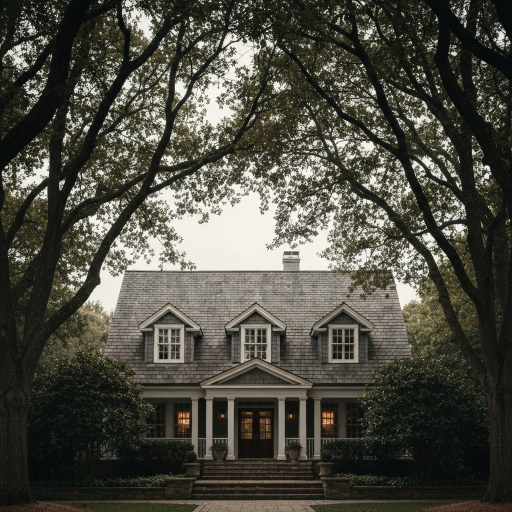 A wide shot of a house with mature trees in the background. Focus on the distance between the tree branches and the roof. Soft, diffused light filters through the leaves.
