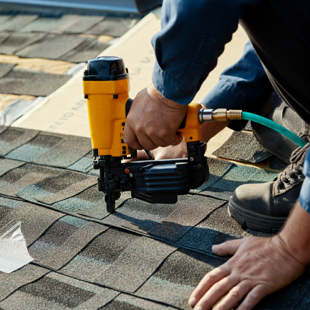 Roofer using a roofing nail gun to secure a replacement shingle. Close up of hands, nail gun, and the newly installed shingle. Natural daylight with soft shadows.