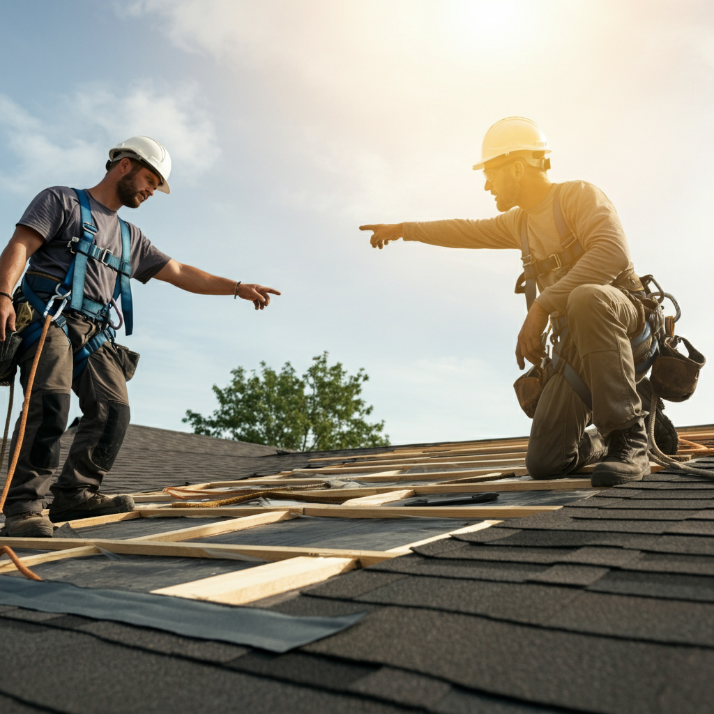 Two roofers discussing a roofing project, pointing at different areas of the roof. They are wearing safety harnesses and hard hats. Bright, clear daylight with a slight lens flare.