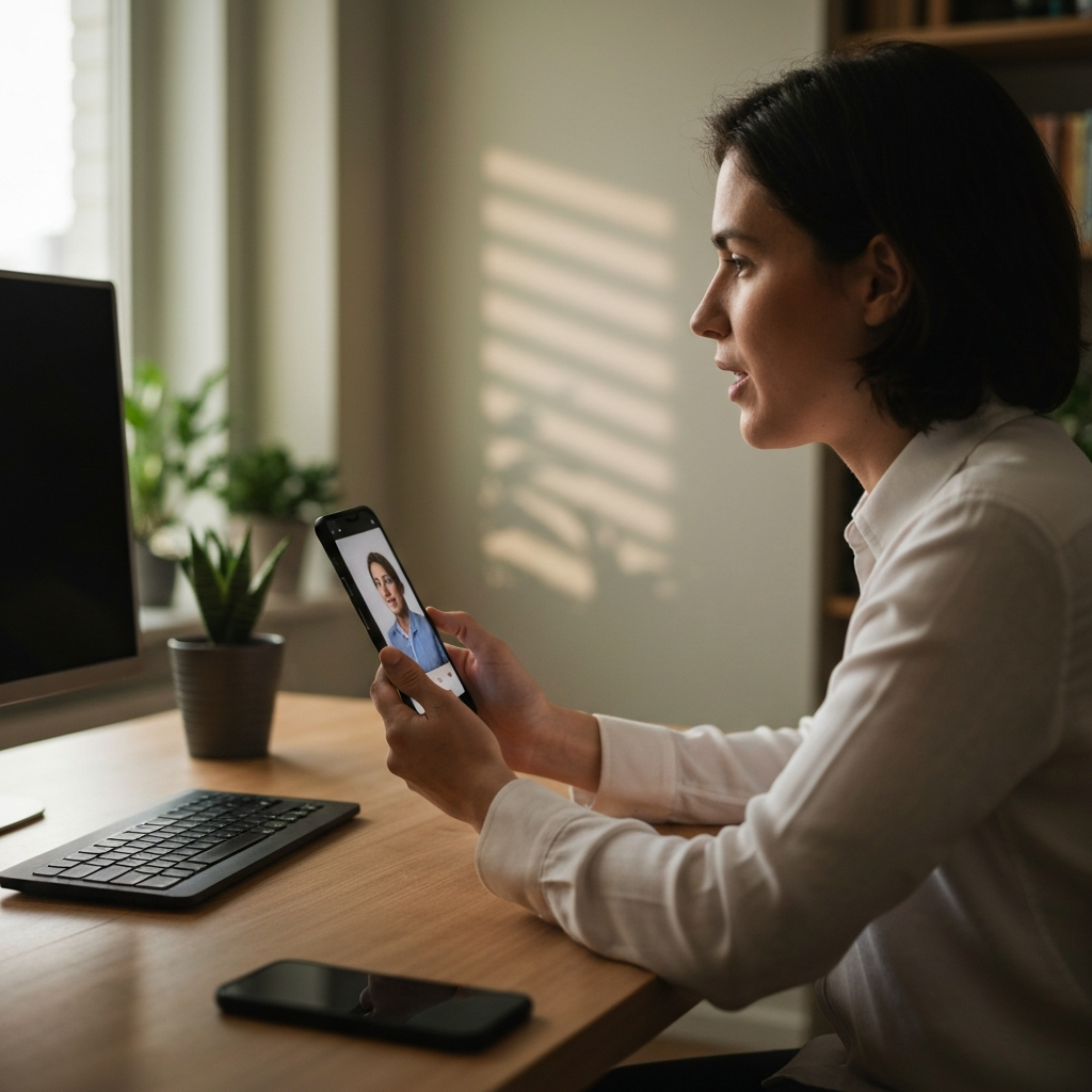 A person sitting at a desk in a home office, using a smartphone to record themselves speaking. The room is warmly lit with natural light, highlighting the wood grain of the desk. Soft bokeh from plants in the background.