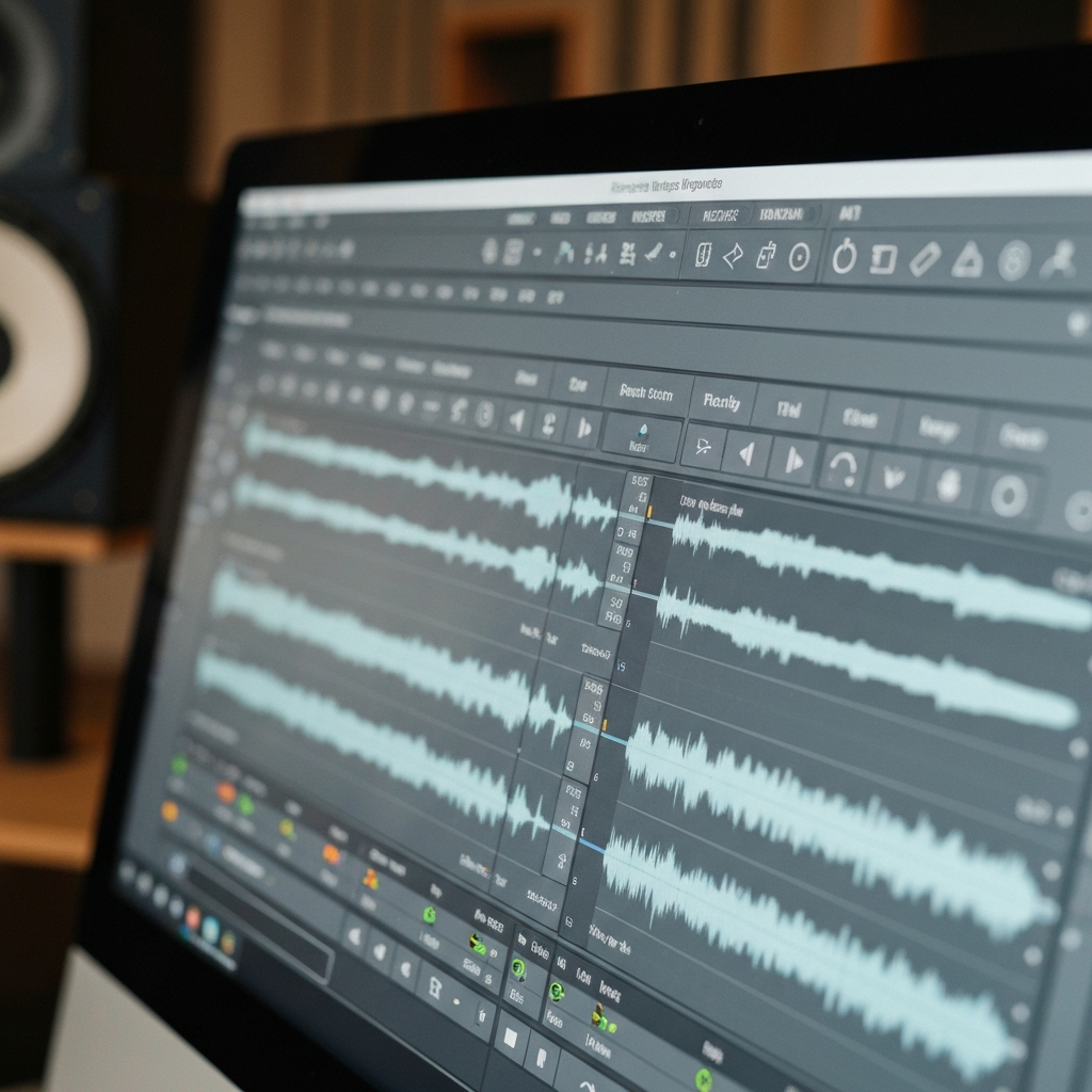 Close-up of audio editing software on a computer screen, showing waveforms and editing tools. The screen has a slight glare, reflecting the ambient light of a recording studio.