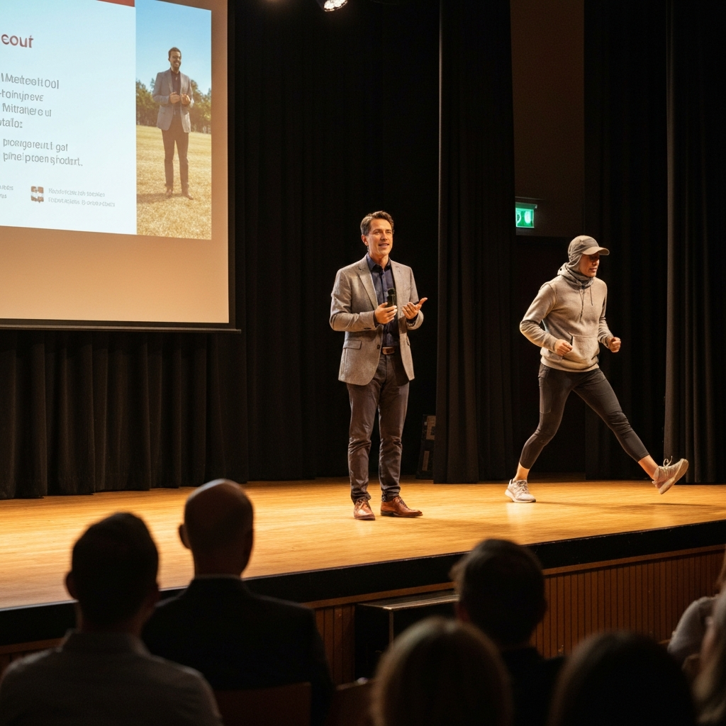 A person stands confidently on a stage, giving a presentation to an audience. The stage is well-lit, creating a warm and professional atmosphere. The person is dressed in business attire.