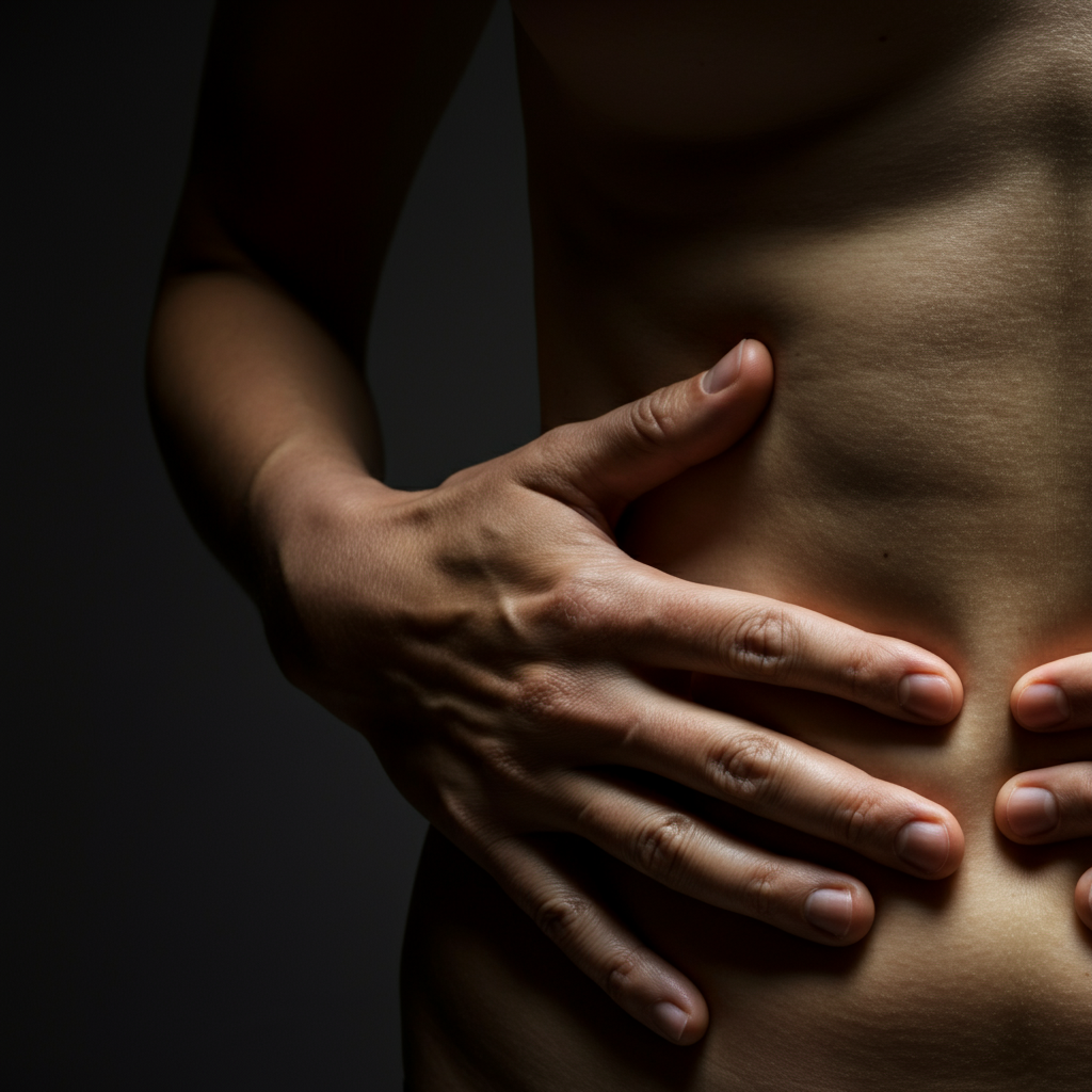 A close-up of a person's hands resting on their abdomen, demonstrating the correct placement for diaphragmatic breathing. Soft, diffused light illuminates the hands and torso.
