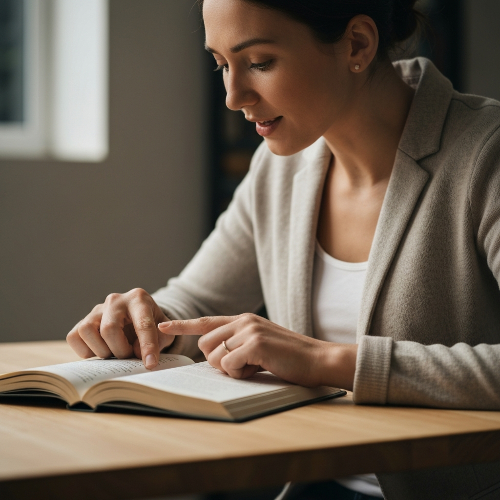 A person sitting at a table, practicing reading aloud from a book. They are using a finger to track the words and maintain a steady pace. The lighting is natural and warm.