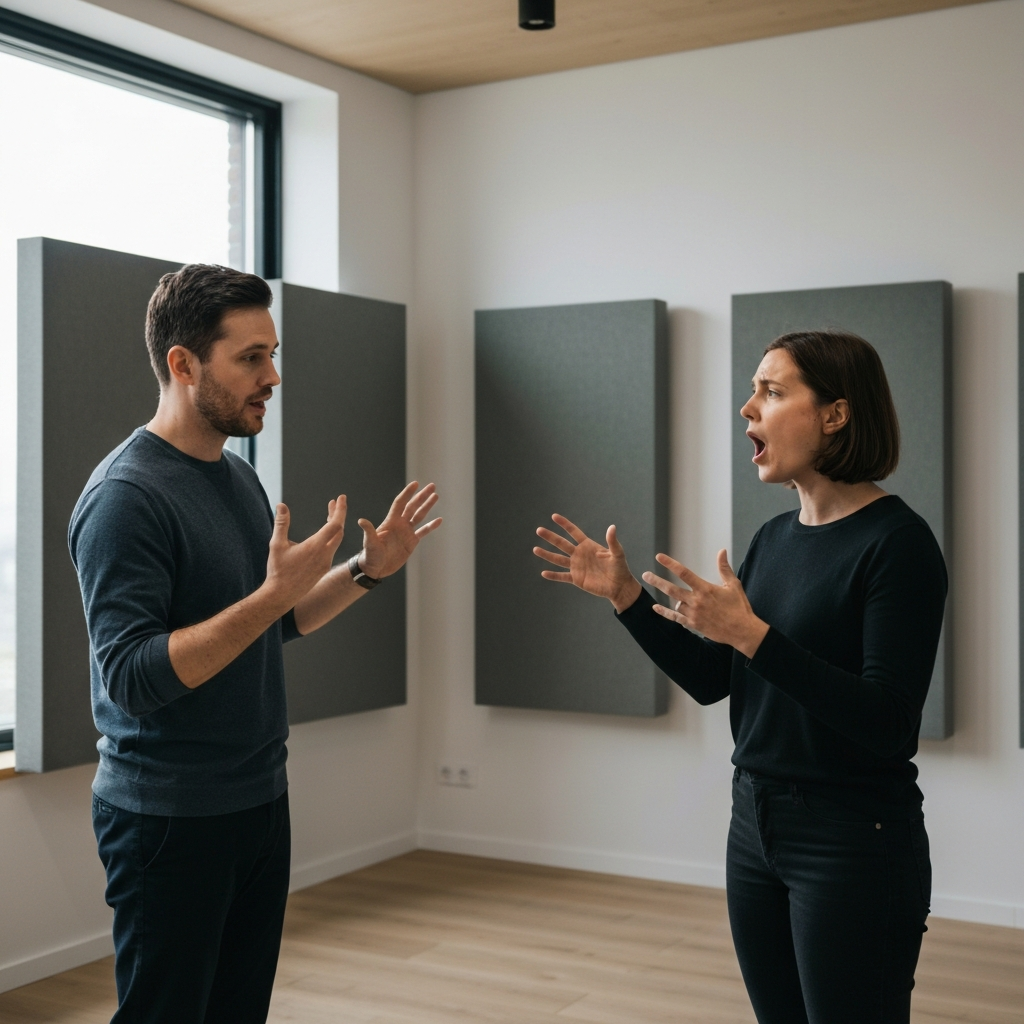 A person in a vocal training session with a coach, using hand gestures to indicate changes in pitch and intonation. The room is a well-lit studio with soundproofing panels.