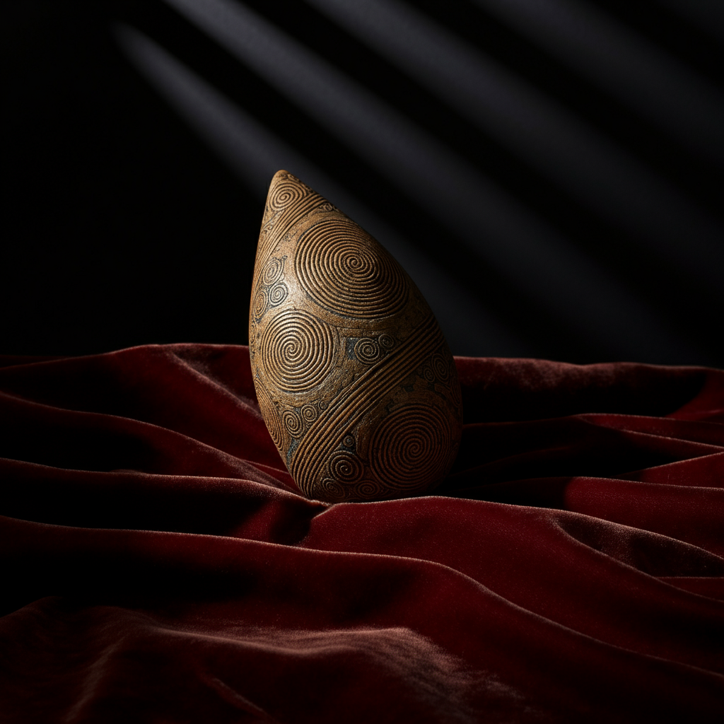An artist's rendering of a strophalos, intricately detailed with spiral patterns, resting on a velvet cloth with subtle folds.