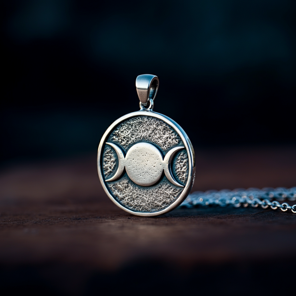 A silver pendant featuring the Triple Moon symbol, side-lit to showcase the texture and shine of the metal.