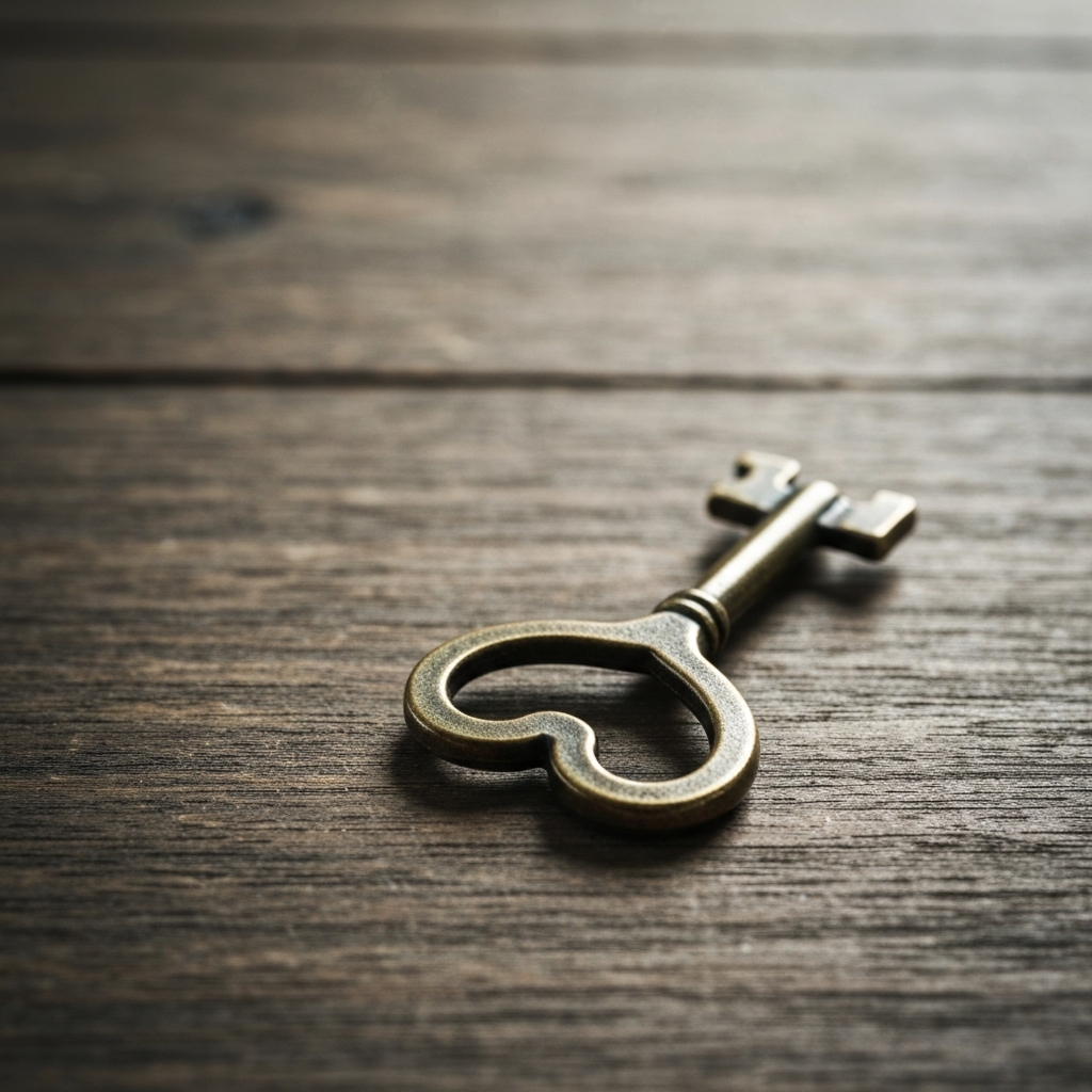 An antique bronze key resting on a weathered wooden table, bathed in soft, diffused light.