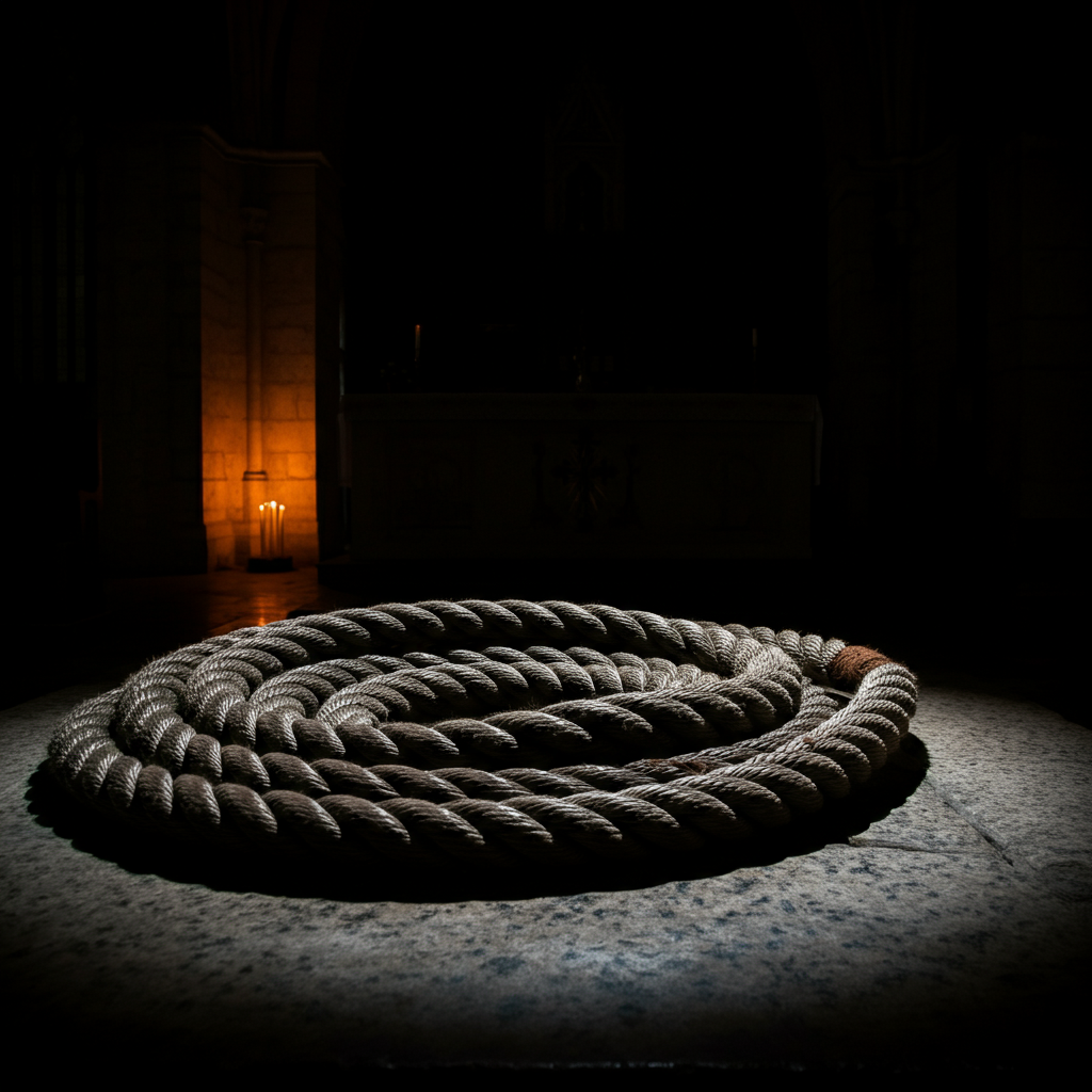 A coil of thick, dark rope lying on a stone altar, illuminated by candlelight.
