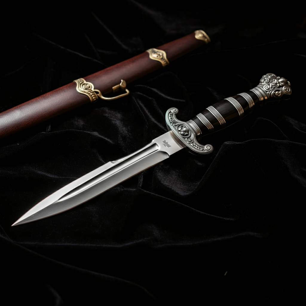 A silver dagger with an ornate handle resting on a black velvet cloth, with highlights emphasizing the sharpness of the blade.