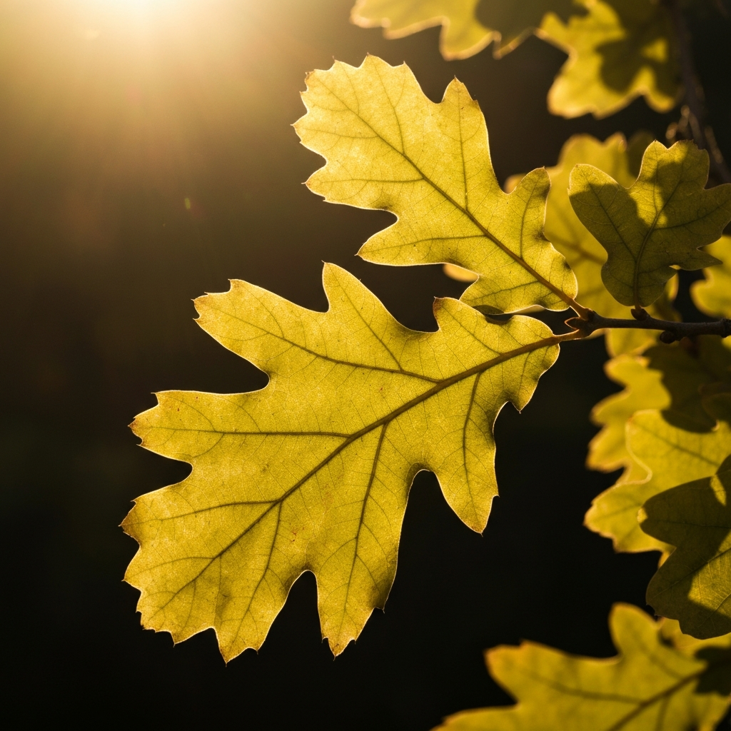 A close-up of an oak branch with detailed leaves, captured in golden hour lighting to highlight the texture and veins of the leaves.