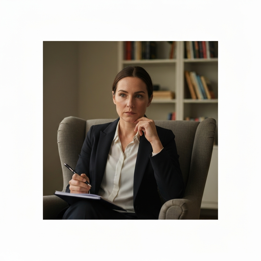 A softly lit living room. A woman sits thoughtfully in an armchair, holding a pen and notepad. Soft bokeh in the background shows a bookshelf.