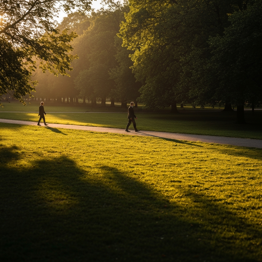 A sun-drenched park scene. Two figures walking apart on a path, a small but visible distance between them. Golden hour lighting highlights the grassy texture.
