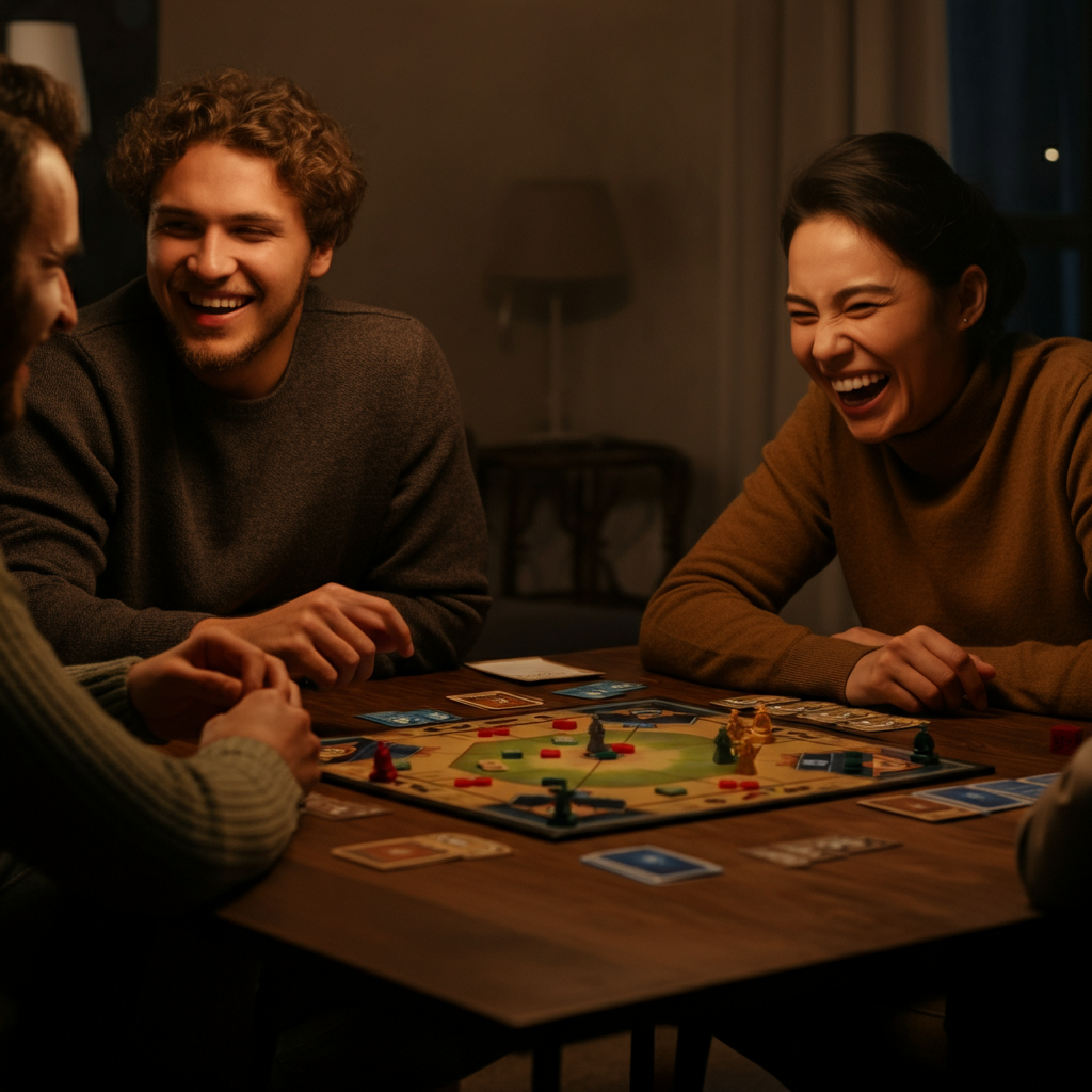 A group of friends laughing and chatting while playing a board game around a table. Soft, warm lighting creates a cozy atmosphere. Details of the game pieces are clear.