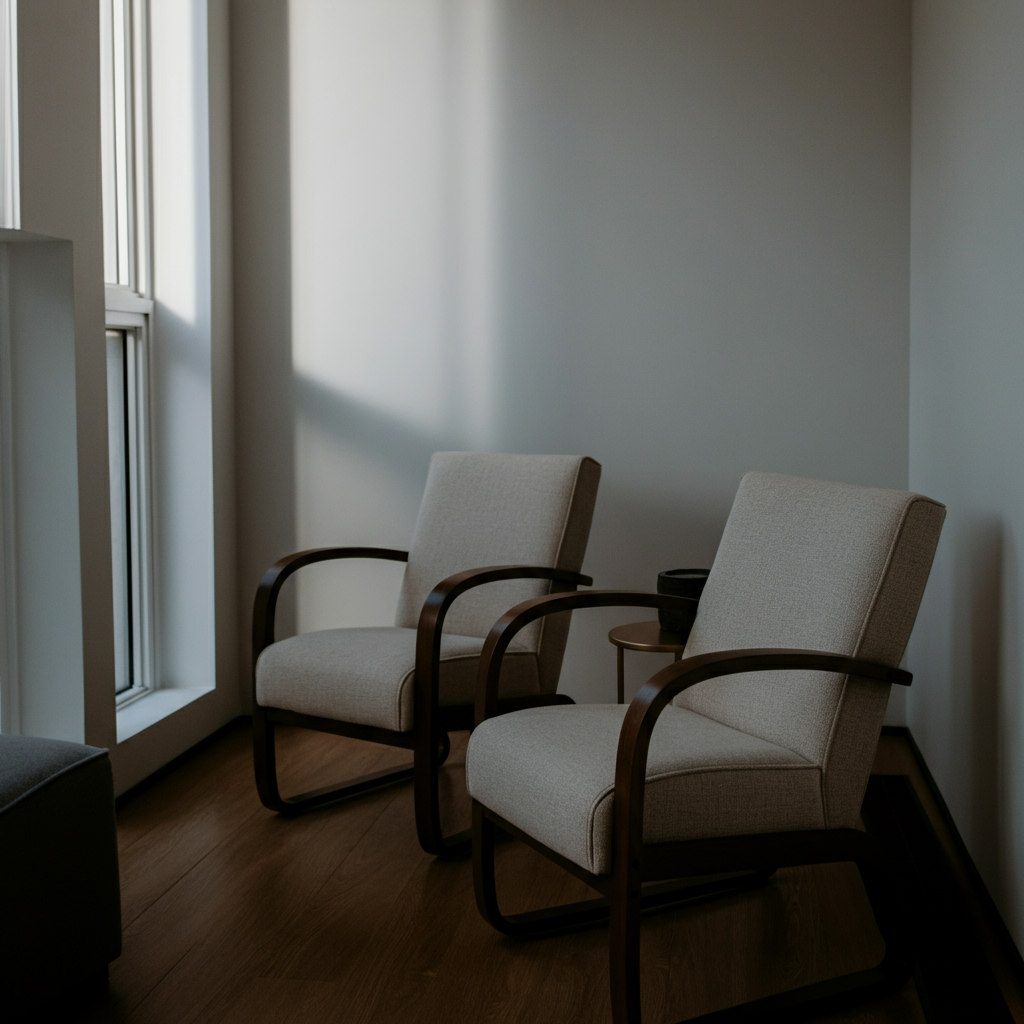 A therapist's office, focusing on the two chairs where individuals sit during a session. The lighting is soft and diffused, creating a calming atmosphere. The texture of the fabric on the chairs is visible.