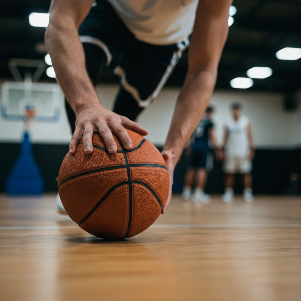 A basketball player in a brightly lit indoor court, close-up on their hands dribbling the ball low to the ground. Soft focus on the background showcasing other players practicing. The lighting is diffused, highlighting the ball's textured surface.