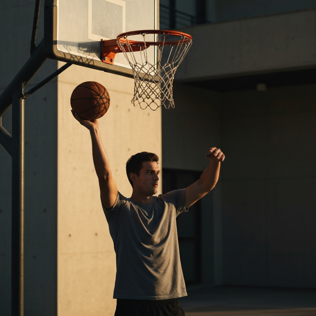A player practicing free throws on an outdoor court during golden hour. The warm sunlight casts long shadows, and the net hangs still. The player’s form is textbook, with a strong follow-through. Focus on the worn texture of the basketball and the rim.