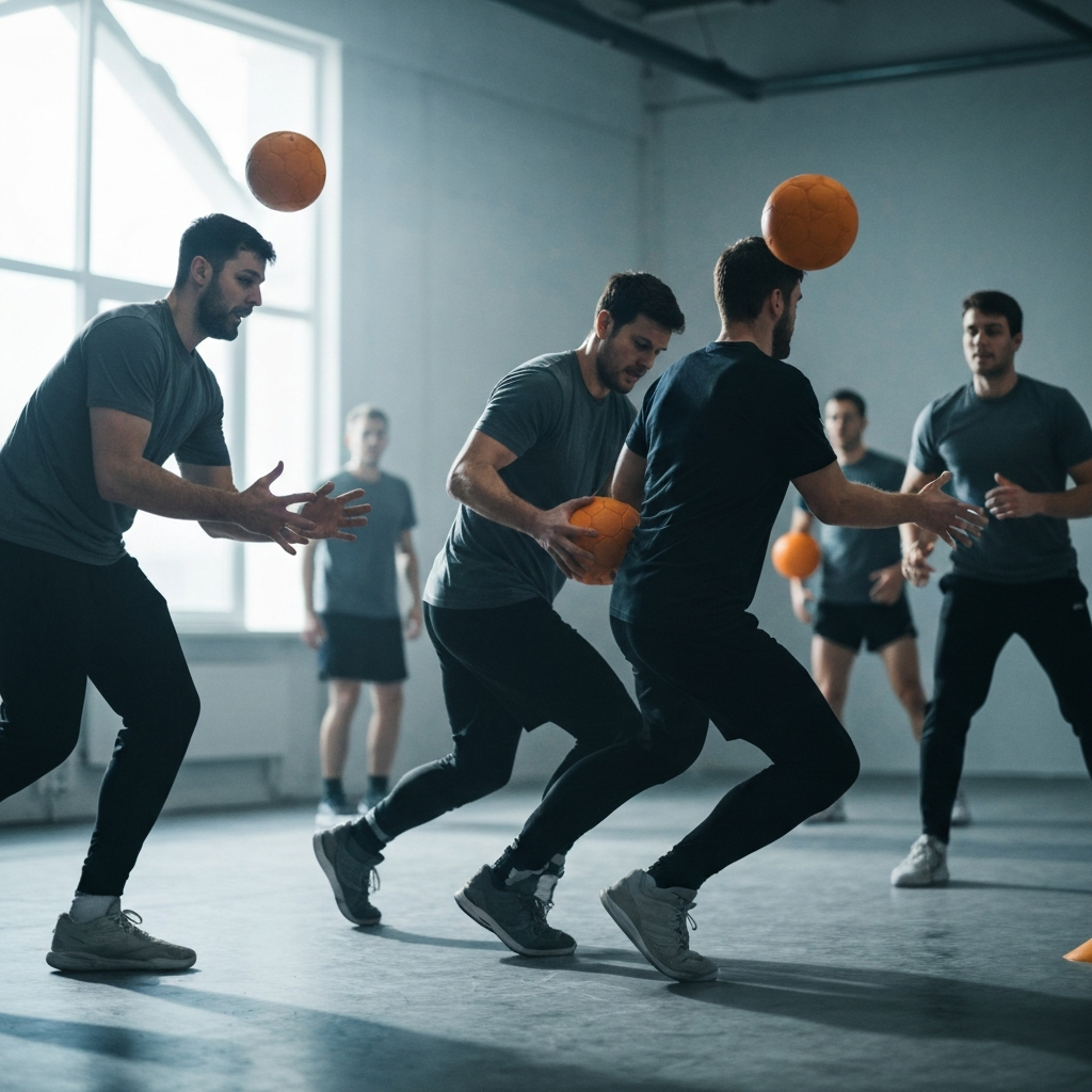 A group of players practicing passing drills in a bright, open gymnasium. The players are moving quickly, executing crisp passes with precision. Soft bokeh on the background, emphasizing the movement and coordination.