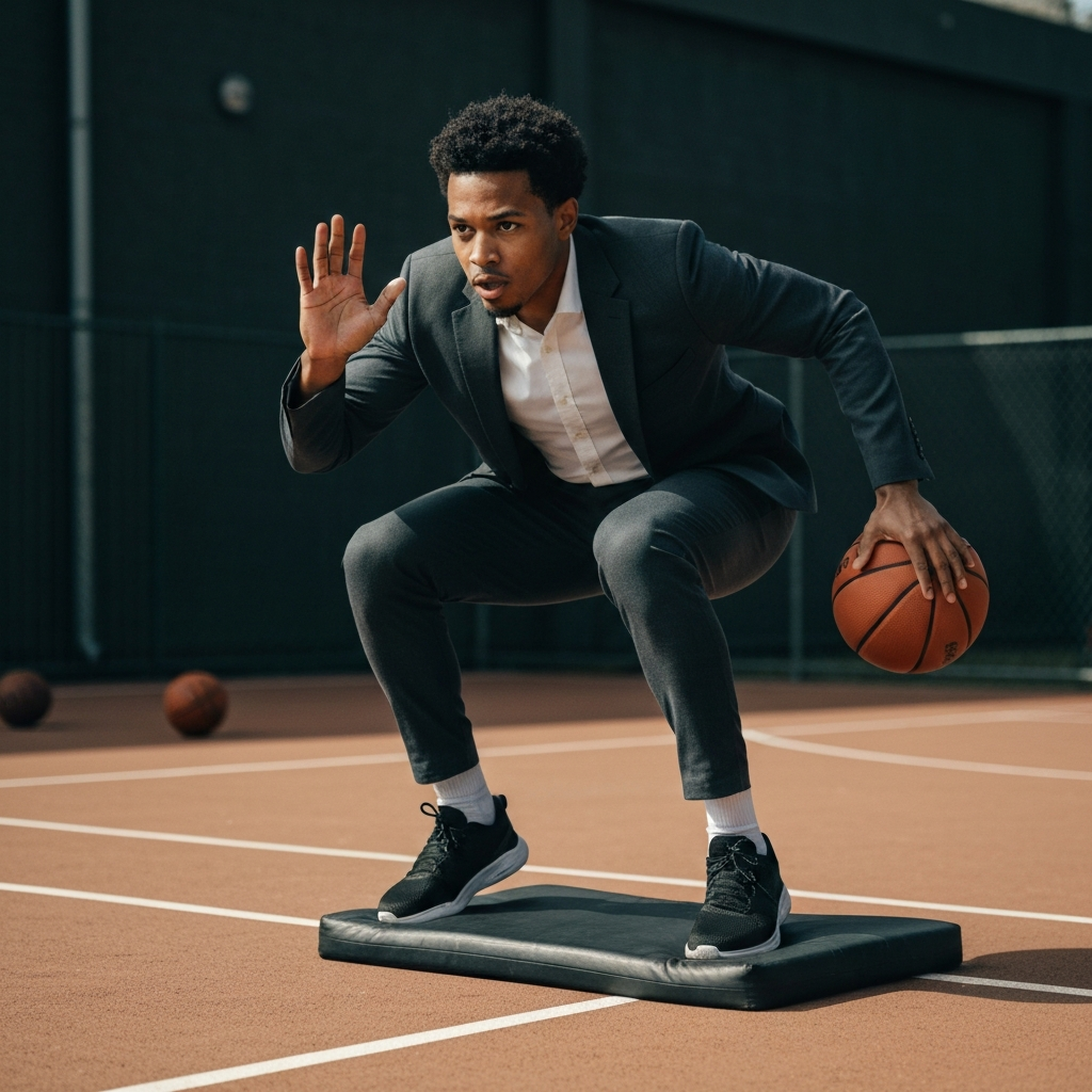 A basketball player performing plyometric exercises (box jumps) on a court. Their face shows determination and focus. The lighting is bright and natural, emphasizing the athlete's physique and dynamic movement.
