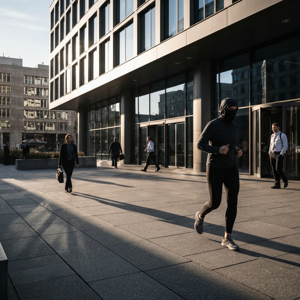 Exterior shot of a modern office building in a bustling city. The sky is clear, and the sun is shining brightly. People in professional attire are walking in and out of the building. The architecture is sleek and contemporary.