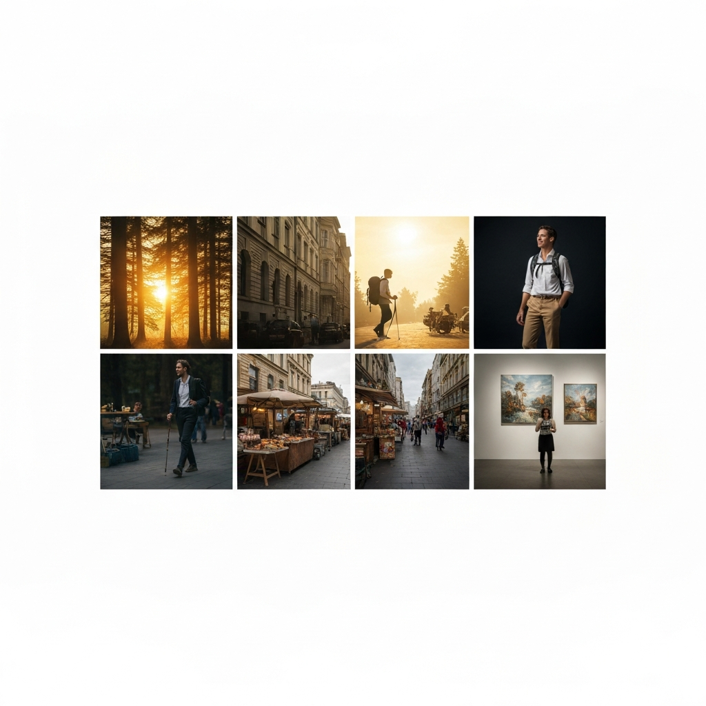 A person is shown engaging in their favorite hobby. Possible options include: hiking in a lush forest with golden hour lighting, exploring a vibrant city street with food stalls and street performers, or browsing artwork in a modern art gallery. The scene should convey a sense of joy and fulfillment.