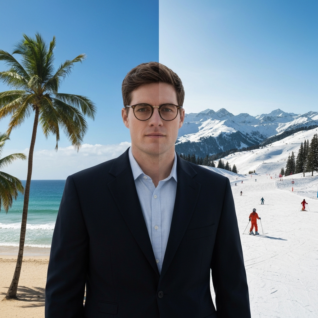 A split-screen showing two contrasting weather scenarios. On one side, a sunny beach with palm trees swaying gently in the breeze. On the other side, a snow-covered mountain landscape with skiers enjoying the slopes. The lighting is bright and clear in both scenes.