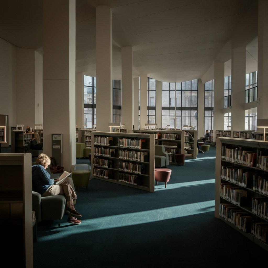 A clean, modern public library with people reading and studying. Natural light filters through large windows, creating a welcoming atmosphere. Bookshelves are neatly organized, and there are comfortable seating areas.