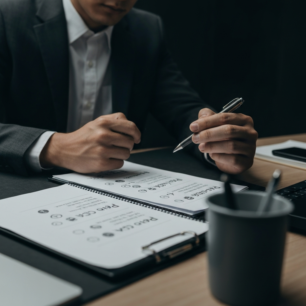 A person sitting at a desk, reviewing a list of pros and cons. They are deep in thought, carefully considering their options. The lighting is focused and intentional, highlighting the importance of the decision.